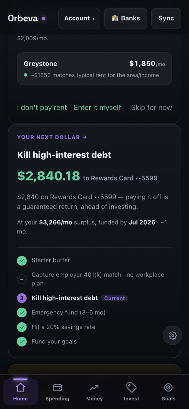 Orbeva home screen showing the #1 move: pay $2,840 toward a 22.99% APR card, paid off by July 2026