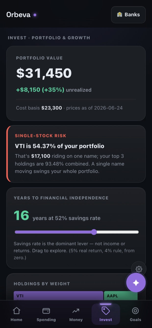 Orbeva Invest screen: single-stock risk warning that VTI is 54% of the portfolio, $17,100 on one name
