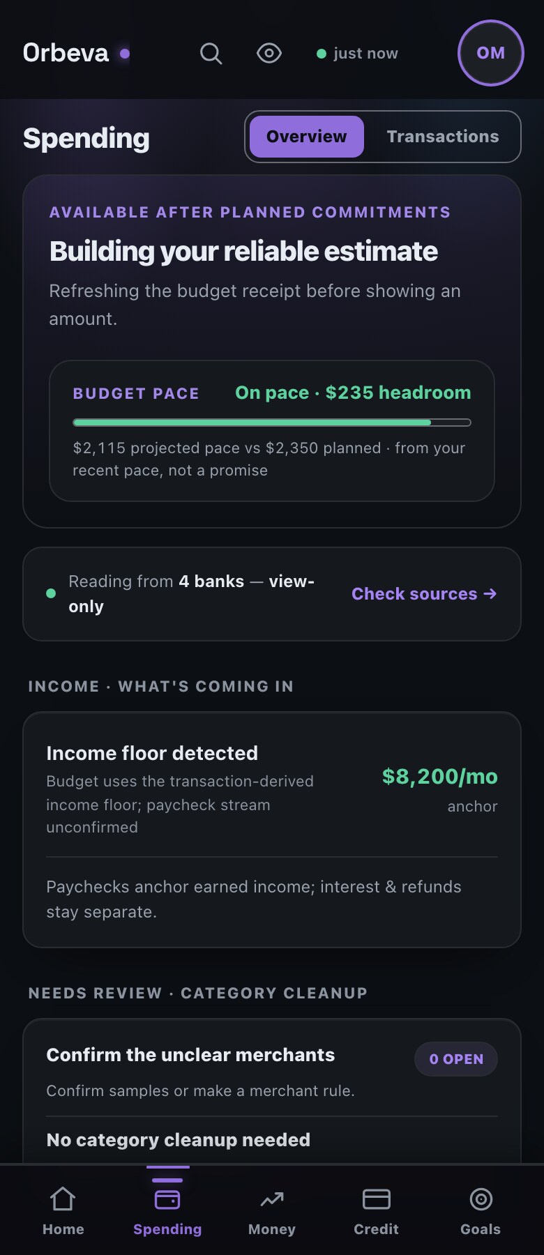 Orbeva Spending showing a spendable estimate, budget pace, income facts, and review controls with demo data