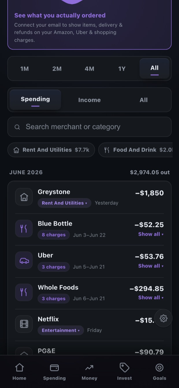 Orbeva transactions: merchant-enriched ledger with clean names and grouped charges